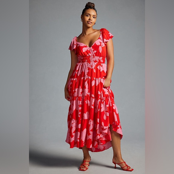 By Anthropologie Tiered Flutter-sleeve dress L - Picture 3 of 11